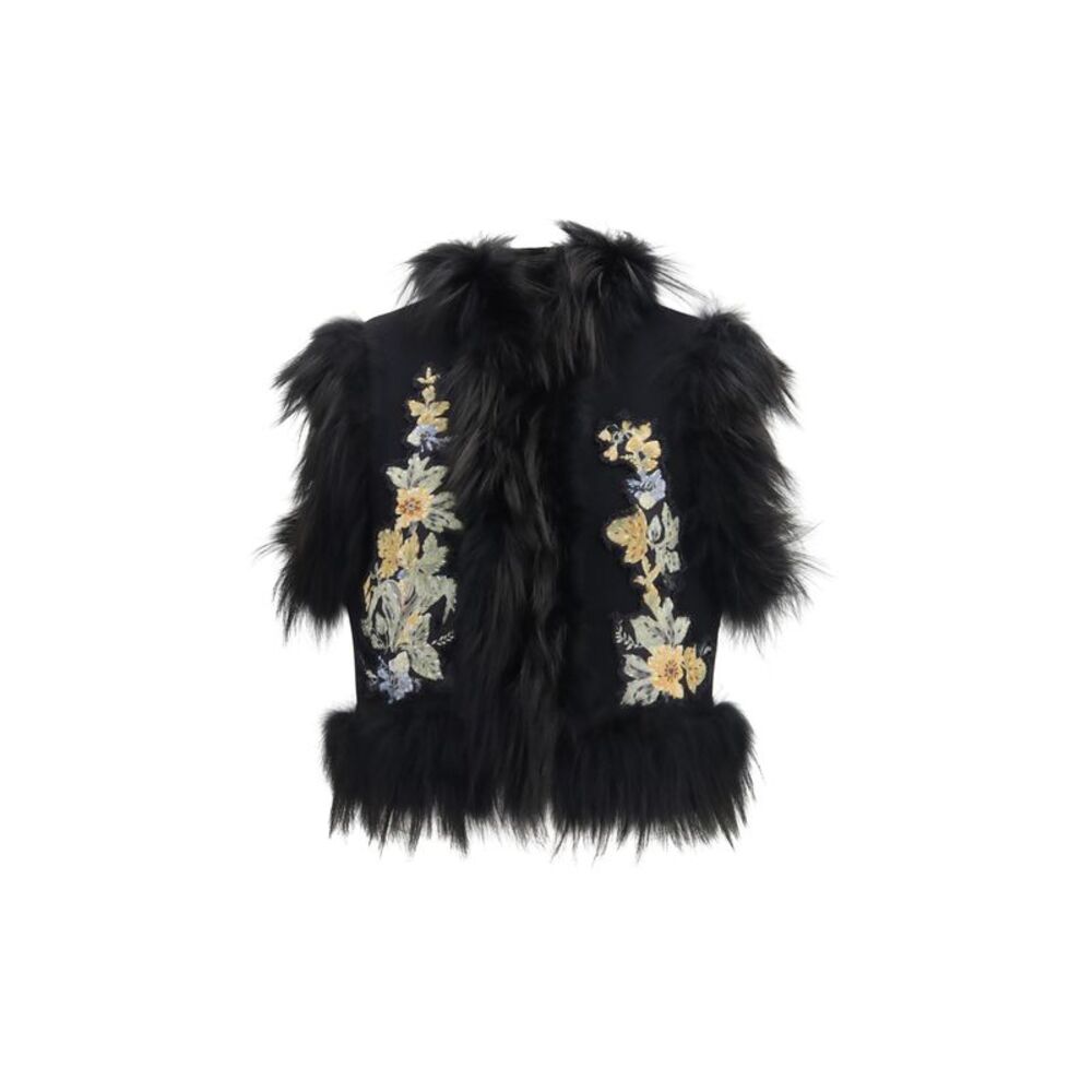 Fendi Women Virgin Wool Vest With Fur Collar And Floral Embroidery